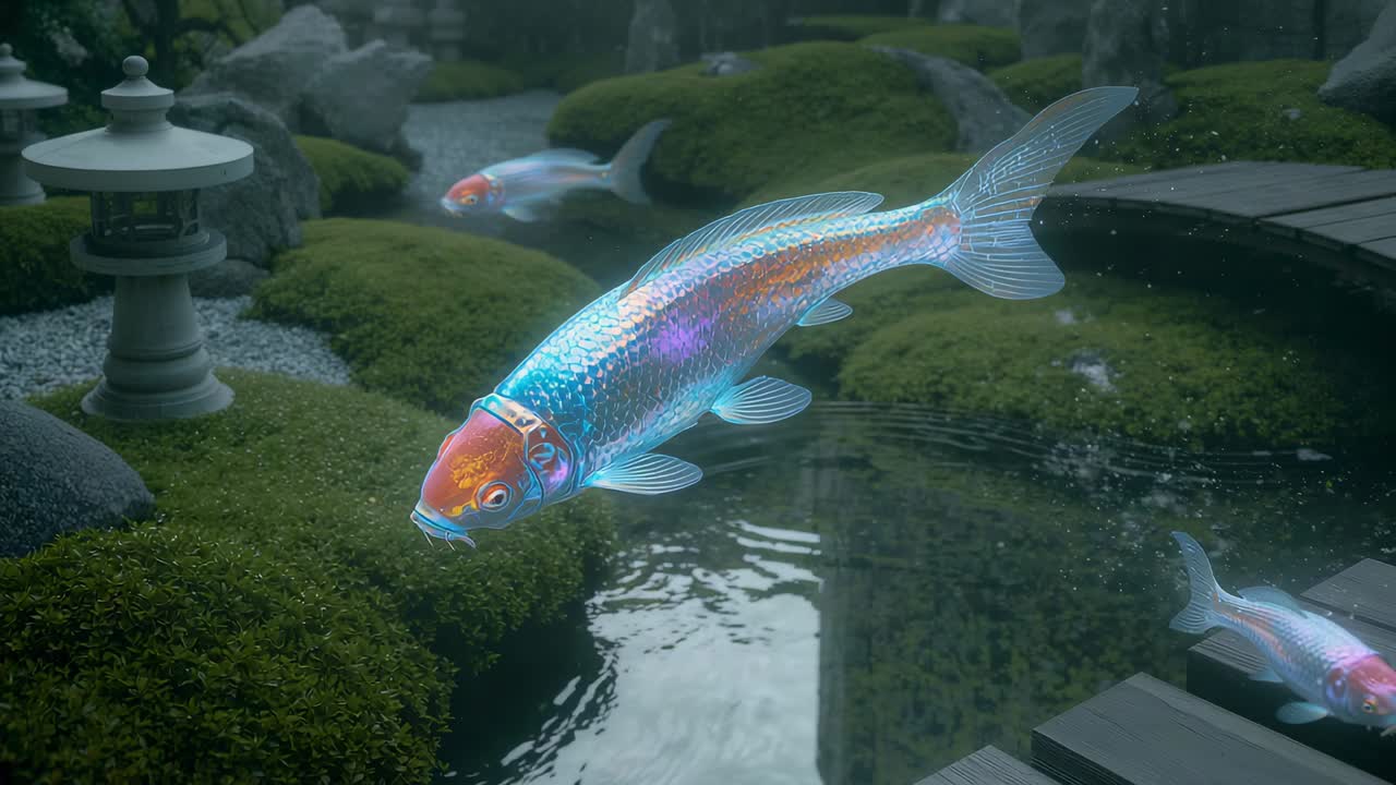 Swimming luminescent koi carp gliding across Japanese garden pond, with stone lantern, moss rocks