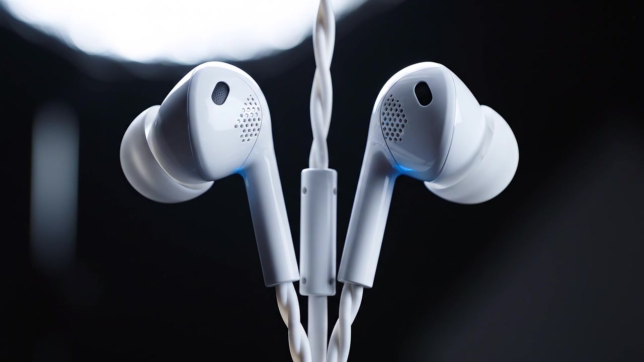 Moderne hvite kablede in-ear hodetelefoner på mørk bakgrunn