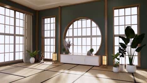 dark circle wall design and cabinet on empty  living room japanese deisgn with tatami mat floor. 3d rendering