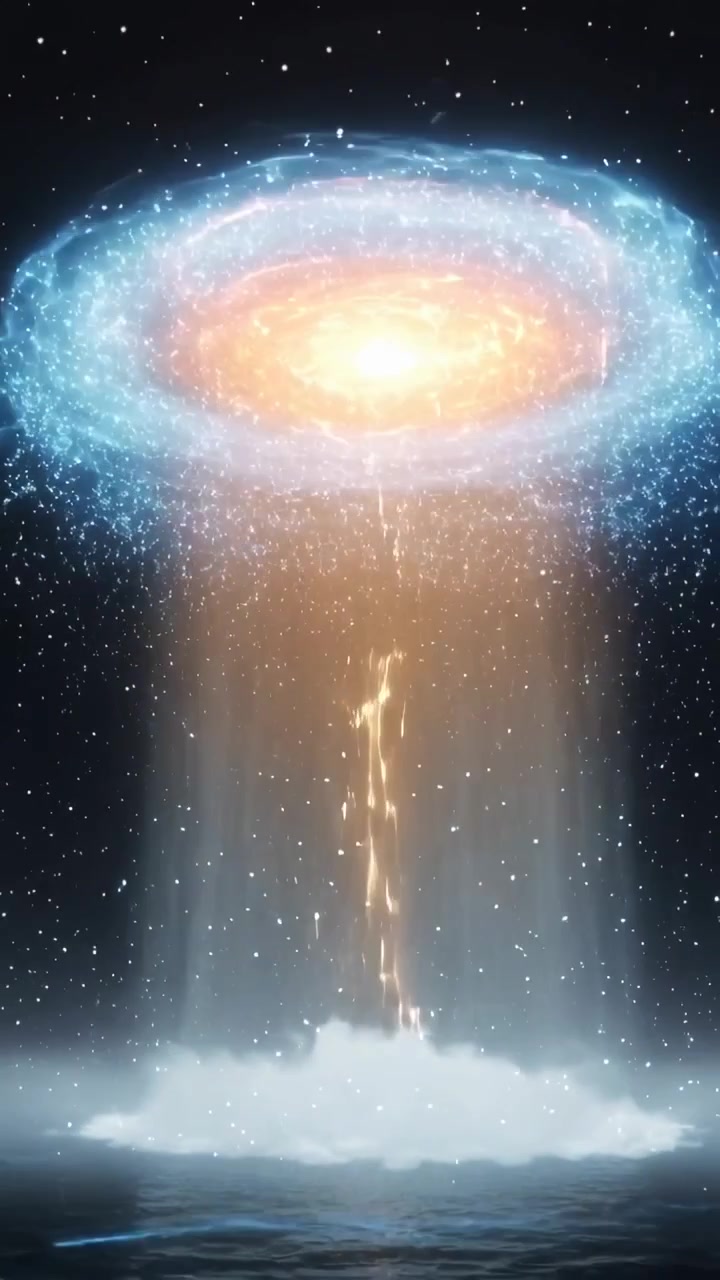 Vertical video: Descending beam sparking energy disk over sea at night, flowing particles and mist