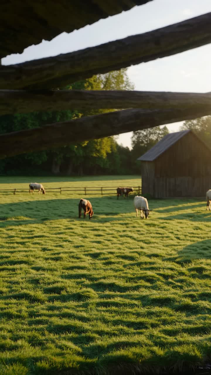 Una serena scena di una fattoria con mucche al pascolo e un rustico fienile all'alba. Acquisita da una bassa angolazione.