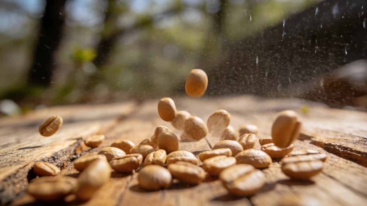 Chicchi di caffè tostati che cadono dall'alto, scontrandosi e depositandosi a formare un mucchio su una tavola nel bosco, con la pula che luccica.