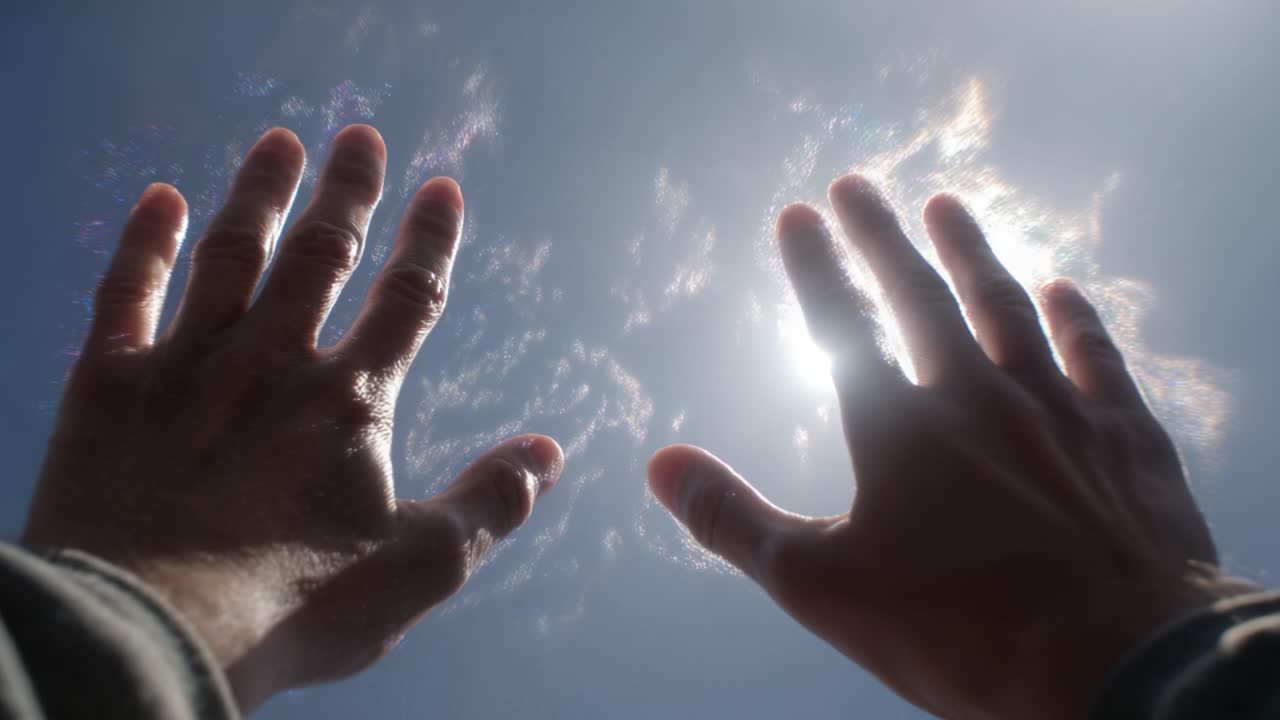 A mesmerizing scene of two outstretched hands reaching towards a bright sun against a vivid sky adorned with wisps of clouds; a captivating moment between human touch and celestial warmth