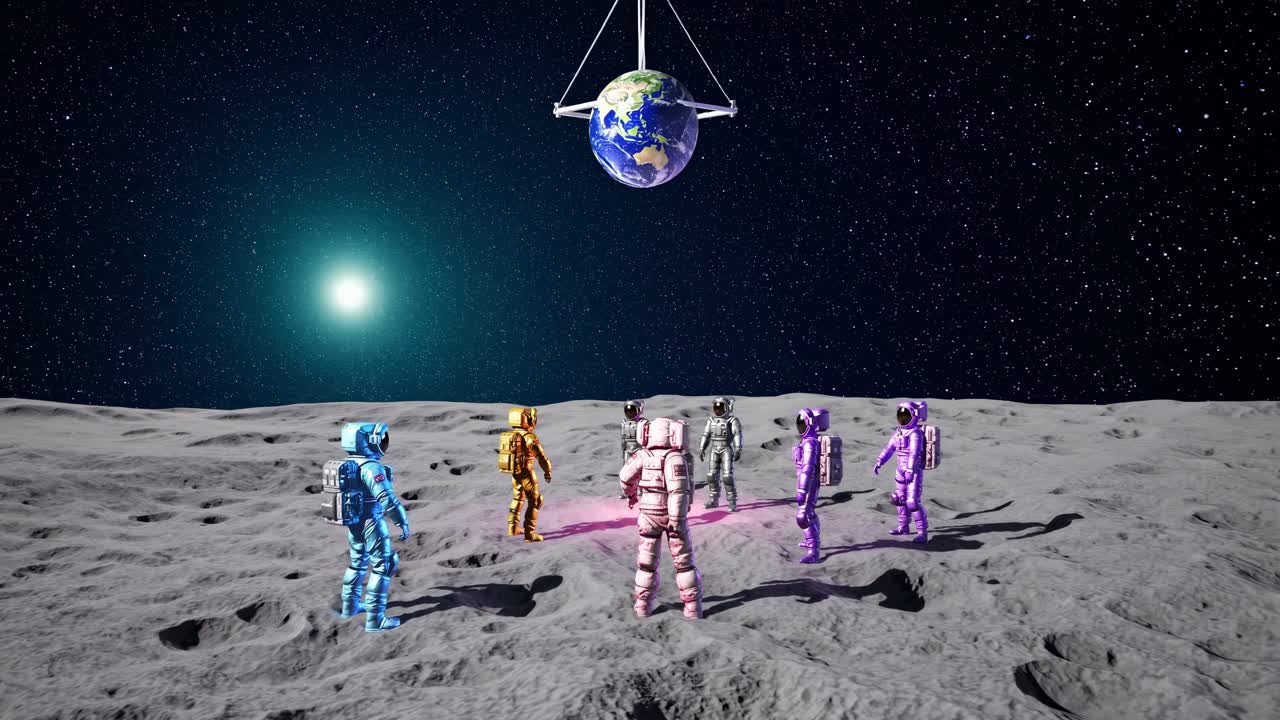 Colorful astronauts exploring moon surface with suspended earth model hanging from crane and bright star in the background, space exploration and colonization concept