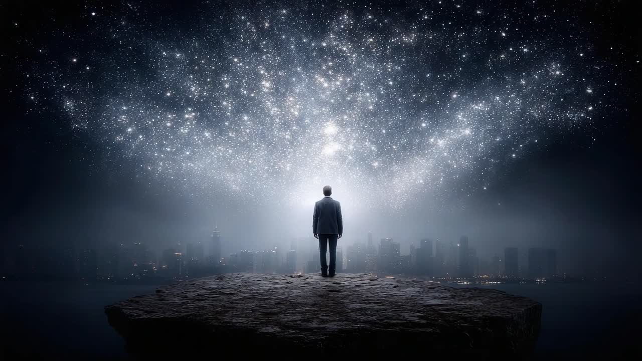 A Contemplative Figure Stares into the Vastness of the Starry Cosmos Above, Illuminating the Dark Sky with Infinite Possibilities and Dreams of Discovery