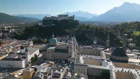 establishing shot of salzburg old town on beautiful day