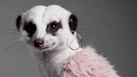 stylish meerkat in pink fur coat