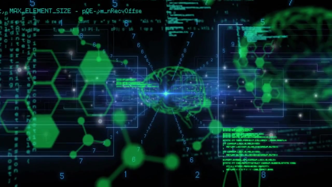 Canvas loading with hexagon nodes sparking code merging into wireframe brain data streaming outward