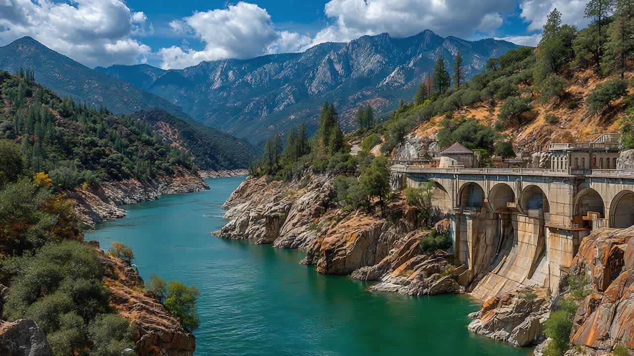 A Breathtaking Scenic View of a Dam Surrounded by Lush Greenery and Majestic Mountains Reflecting on the Tranquil Waters of a River under a Bright Blue Sky