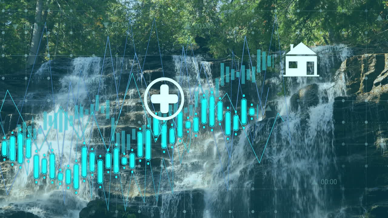 Waterfall with financial data graphs and healthcare symbol overlay animation