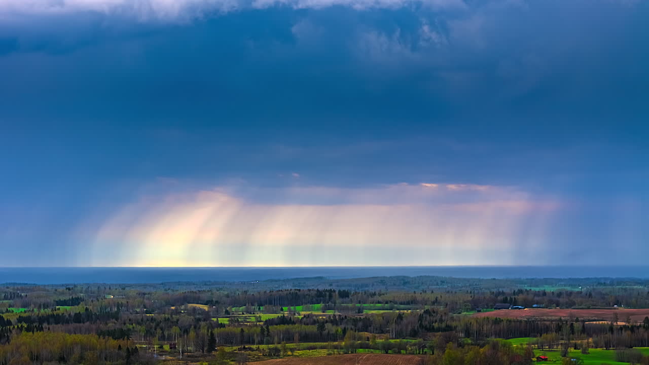 Dramatic Blue Sky And Clouds Over Countryside Nature. Timelapse