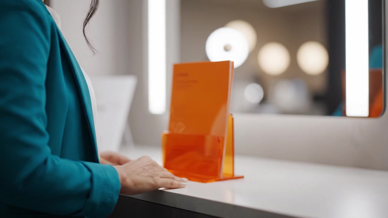 Una persona che tiene un opuscolo arancione sta davanti a uno specchio illuminato, mostrando un'elegante esposizione su un bancone, combinando funzionalità ed estetica in un ambiente moderno.