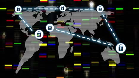 Animation-Eines-Netzwerks-Von-Verbindungen-Mit-Online-Sicherheitsvorhängeschloss-Auf-Dunklem-Hintergrund