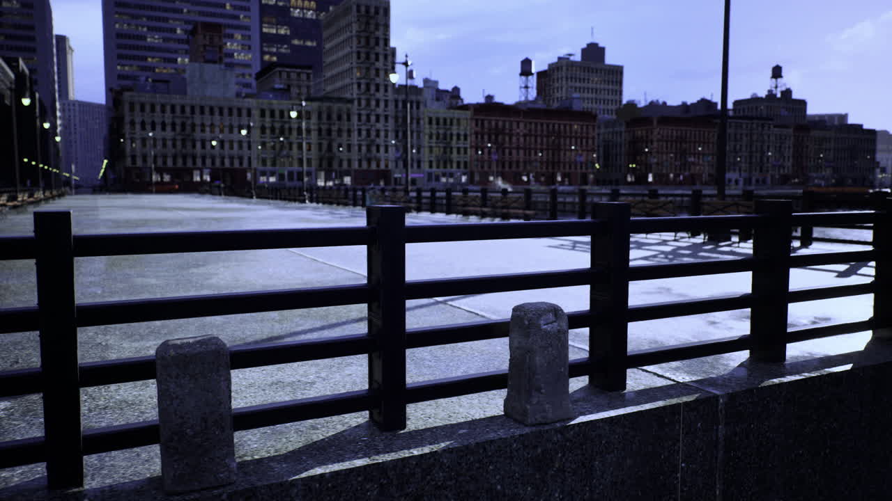 Evening stroll along the waterfront in a bustling city setting