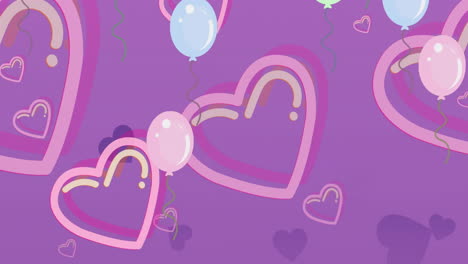animation of balloons and hearts floating over purple background