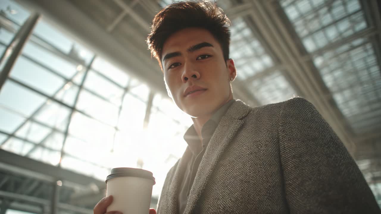 A Confident Young Man Poses With a Coffee Cup Amidst Bright Natural Lighting in an Urban Setting, Exuding Charm and Sophistication