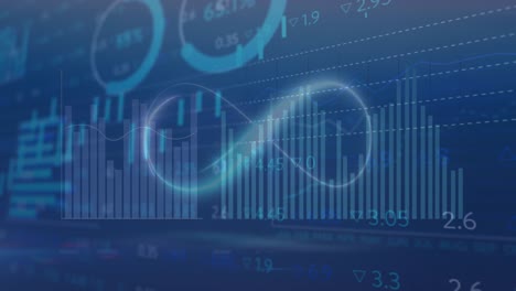 Animation-Des-Unendlichkeitssymbols-über-Mehrere-Diagramme-Und-Handelsbrett--Und-Ladekreise