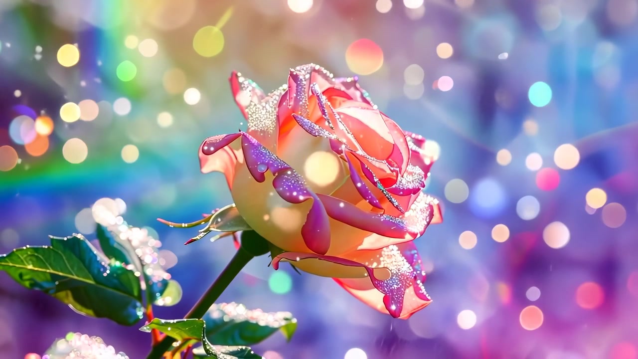 Eine einzelne pinke und gelbe Rose mit glitzernden Blütenblättern und Bokeh-Hintergrund