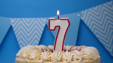 happy birthday. 7 year old, cupcake, birthday cake with candles on a blue background.close-up