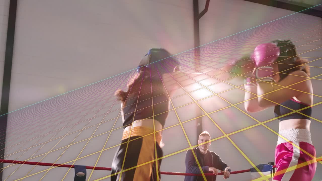 Female boxers sparring in boxing, pink-gloved boxer pressing to score, yellow-grid lensflare