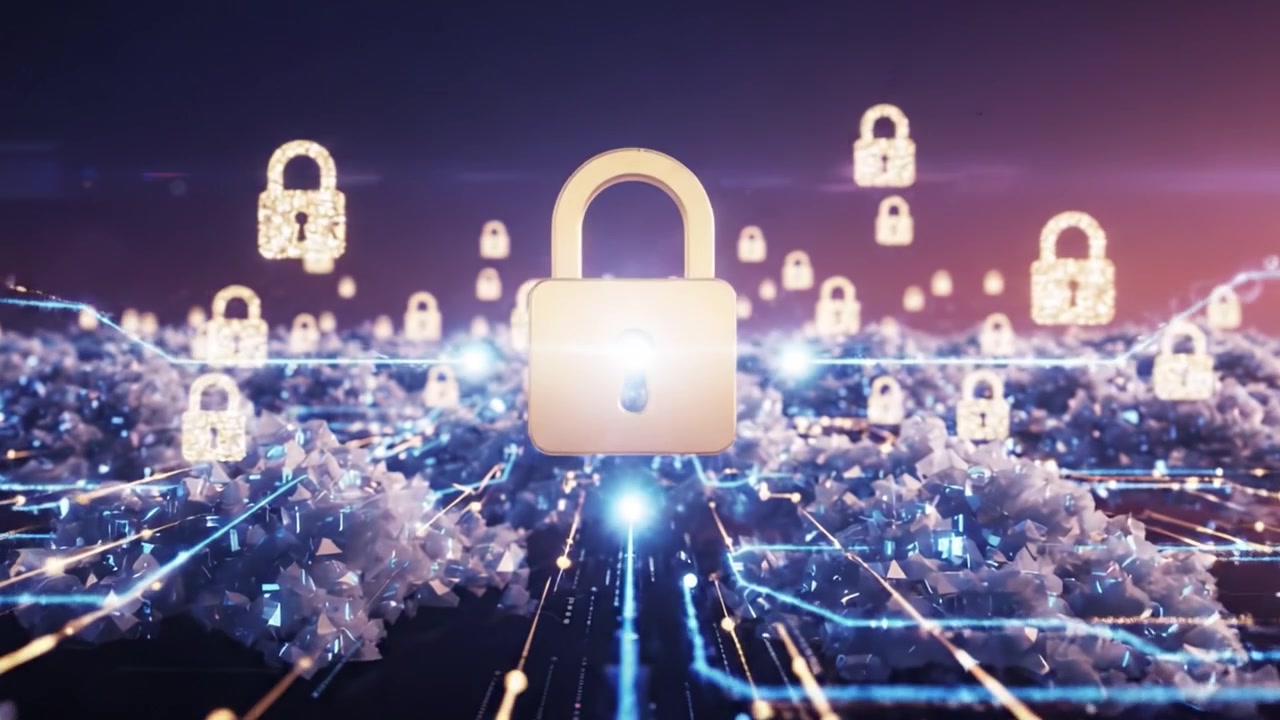 A Dazzling Digital Landscape Filled with Crystalline Structures and Symbolic Lock Icons Representing Security and Protection in a Futuristic Realm