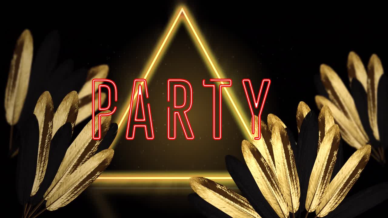 검은색 배경의 잎 위에 파티 텍스트와 네온 삼각형의 애니메이션