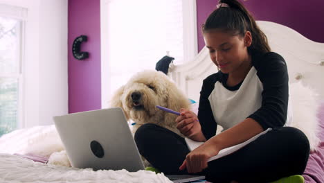 Una-Joven-Adolescente-Estudiando-En-Su-Cama-Junto-A-Un-Perro-Mascota