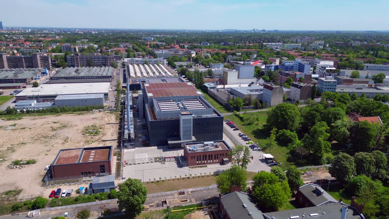 Big Data cloud storage, Industrial air con system cooling Ai farm in a large data center in berlin Europe. Perfect aerial view flight static tripod hovering drone