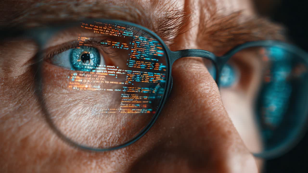 Focused Gaze: A Close-Up on Intense Programming with Code Reflections in Glasses, Capturing the Essence of Concentration and Technological Engagement