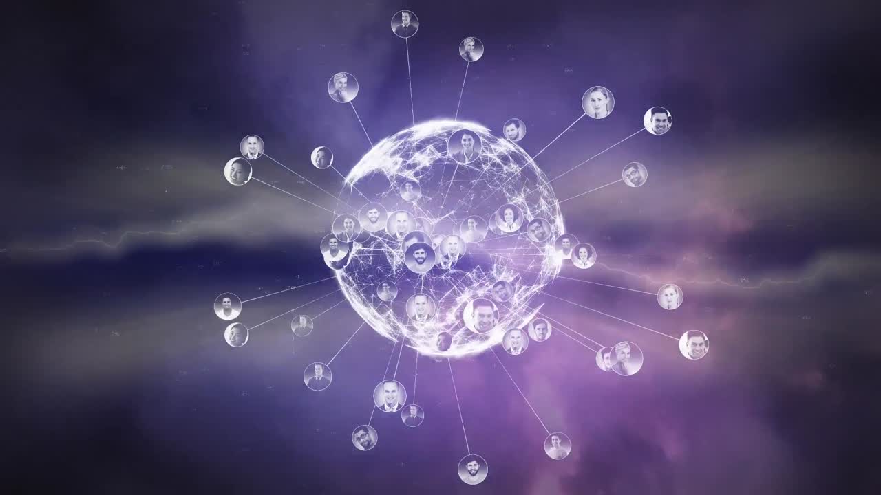 Animation of network of connections with people's photos over globe
