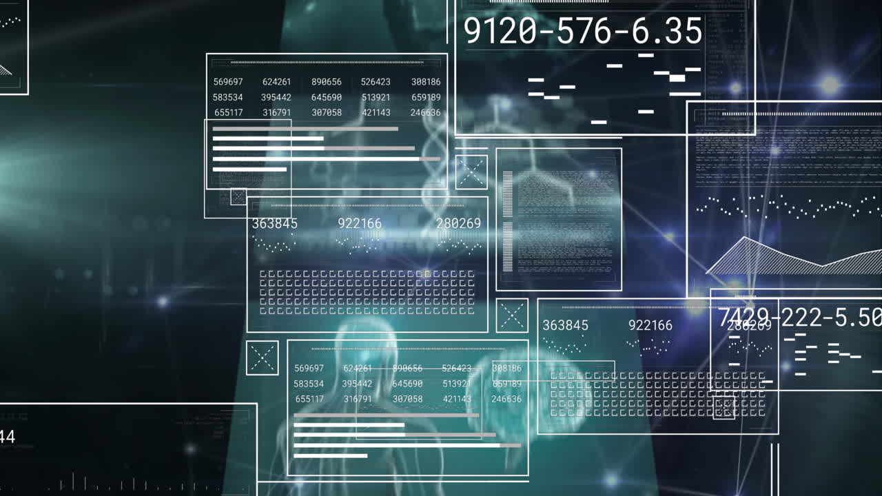 animación de barras de carga, círculos, números, puntos conectados, gráficos en múltiples interfaces médicas