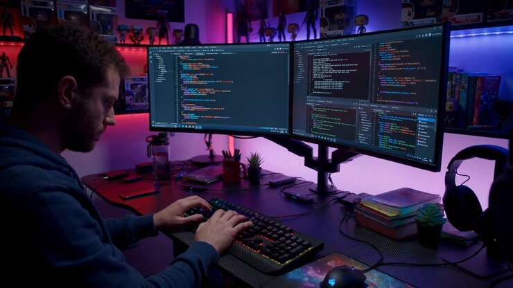 Programátor píšící kód na dvou monitorech u nočního pracovního stolu s RGB podsvícením