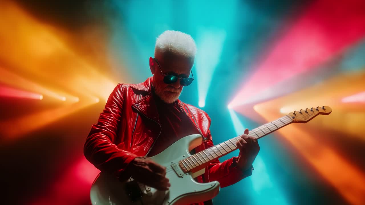 A captivating guitar performance under vibrant stage lighting, showcasing a talented musician in a stylish red jacket, creating an electrifying atmosphere with his music and the powerful visuals around him
