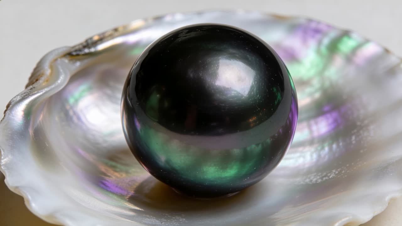 Perla scura riflettente che mostra bagliori in movimento in un guscio di madreperla su un tavolo, con iridescenza cangiante sotto una luce soffusa