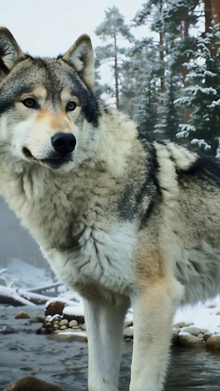 Vertical video: Hearing sound, adult gray wolf raising head, turning to check area in snowy stream