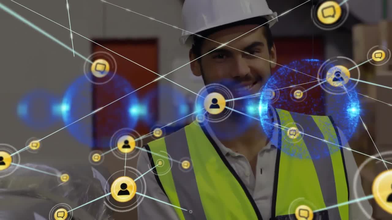 animación de la red de conexiones sobre el trabajador de almacén caucásico masculino.