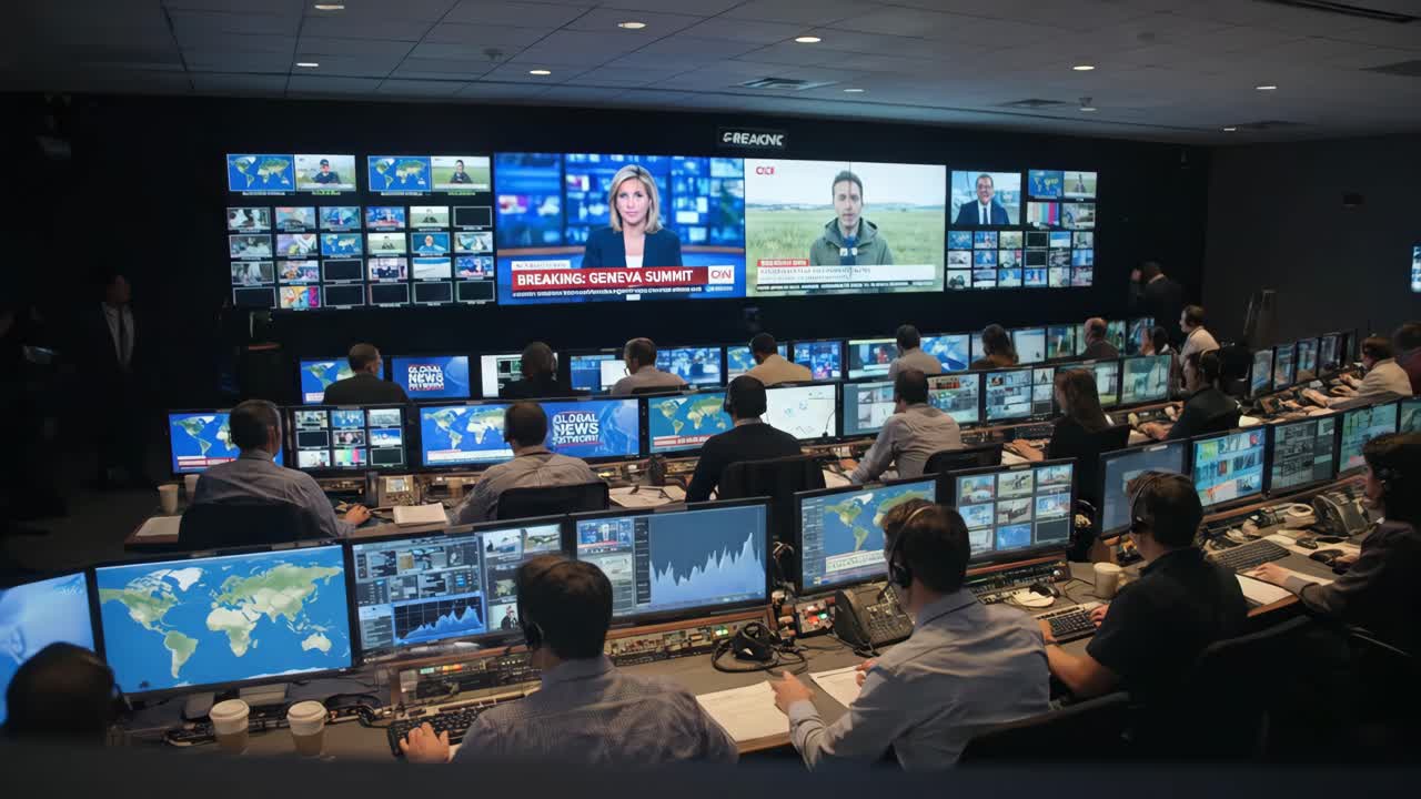 Busy Control Room with Technicians Monitoring Multiple Screens