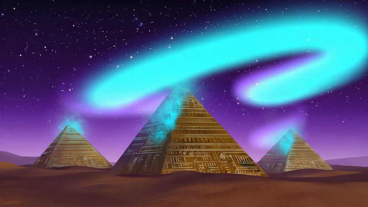 Fantasy Pyramids in the Desert Under Aurora Skies