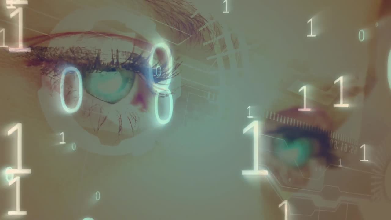 바이너리 코딩 데이터 처리 및 여성 눈의 근접 스캐닝