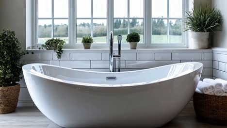 modern bathroom with freestanding bathtub and large window