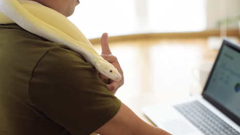hombre trabajando con serpiente en casa