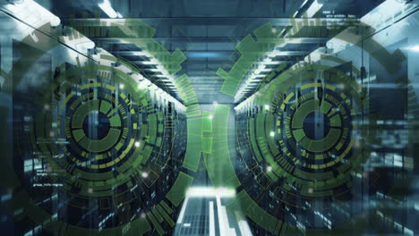 animación de círculos de carga y lenguaje informático sobre la sala del servidor de datos