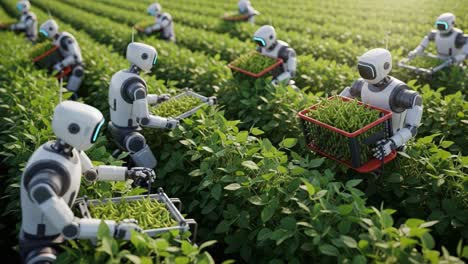 innovative robotics in agriculture: a vision of future farming with advanced robots harvesting green crops amidst lush fields of vegetation