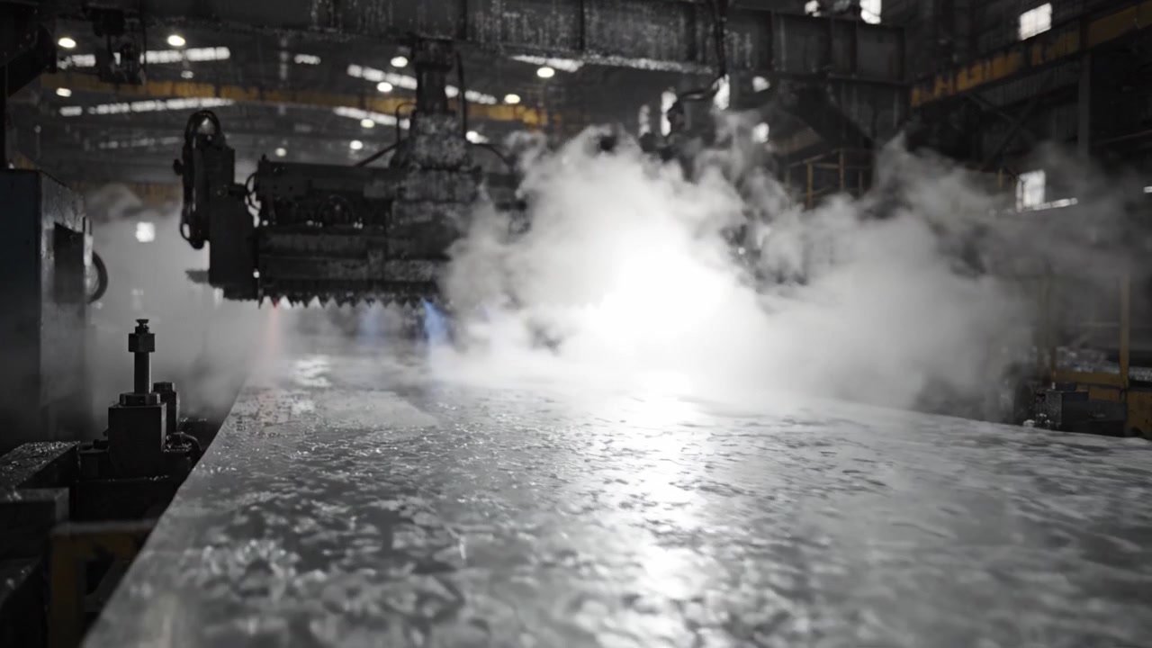 Máquinas industriais em funcionamento em uma siderúrgica com vapor e água criando um cenário atmosférico e dinâmico de processos de fabricação pesada