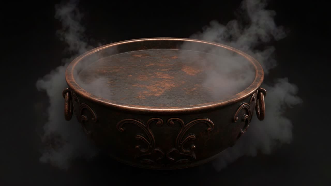Astonishing Close-Up of a Magnificent Copper Cauldron Surrounded by Mysterious Steam, Evoking the Essence of Alchemy and Enchantment in a Dark Atmosphere