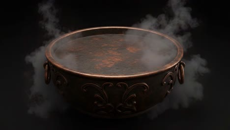 astonishing close-up of a magnificent copper cauldron surrounded by mysterious steam, evoking the essence of alchemy and enchantment in a dark atmosphere