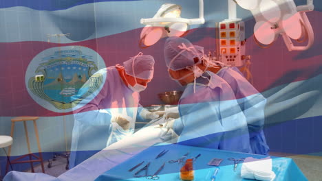 animation of flag of costa rica waving over surgeons in operating theatre