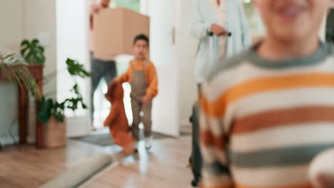 real estate, moving and children running in new