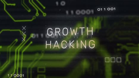 animación de interferencia sobre texto de hacking de crecimiento, procesamiento de datos y placa de circuitos informáticos