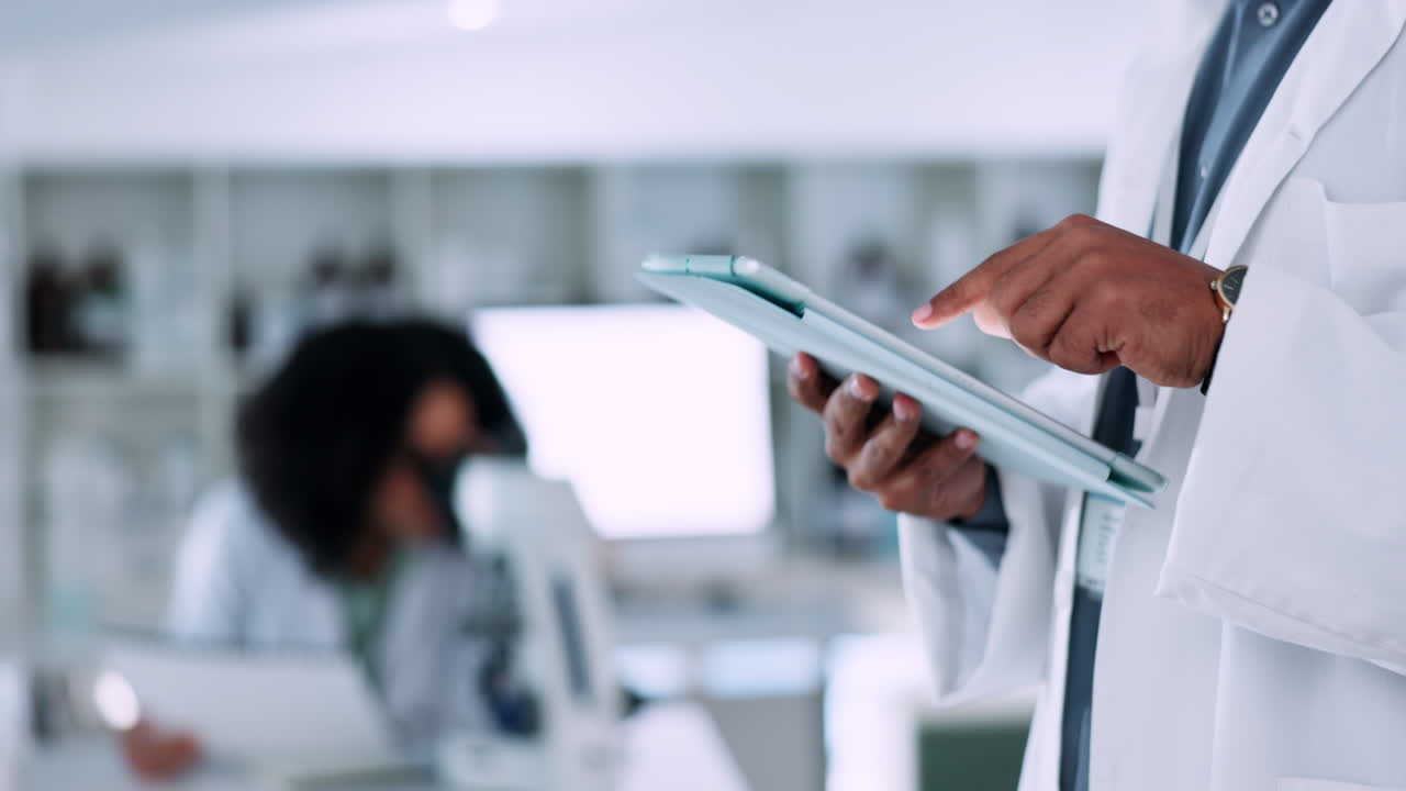 Scientist, hands and tablet for science research